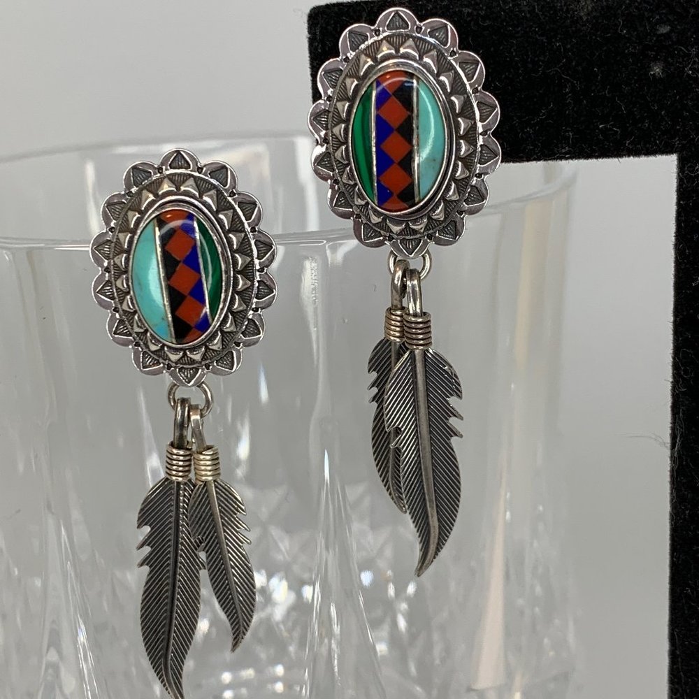 Vintage Q.T. Quoc Sterling Gemstone Inlay Earrings with Feather Dangles